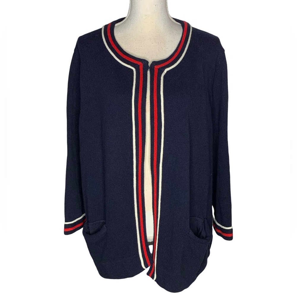 Talbots Navy Cardigan with Red and Cream Trim, 3X